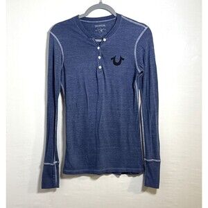 True Religion Women's Fitted Blue Henley Long Sleeve Top Size Medium Made in USA